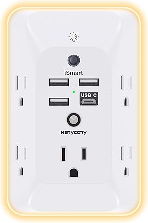 Outlet Extender with Night Light, HANYCONY Multi Plug Outlet, USB Wall Charger Surge Protector 4 USB Ports(1 USB C), Power Strip Electrical Outlet Splitter Expander for Home Office Dorm Room, ETL