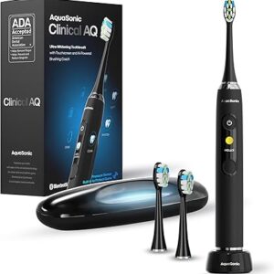 Aquasonic Clinical AQ Ultra-Whitening Smart Toothbrush with Touchscreen, Bluetooth & Brushing Coach - 2 Brush Heads & UV Sanitizing Charging Case