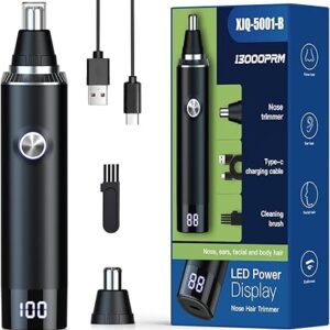Ear and Nose Hair Trimmer for Men and Women with LED Display,USB Rechargeable Facial Hair Remover with Powerful Motor and Dual-Edge Blades,Painless, Easy Cleansing 14500 RPM (Black)